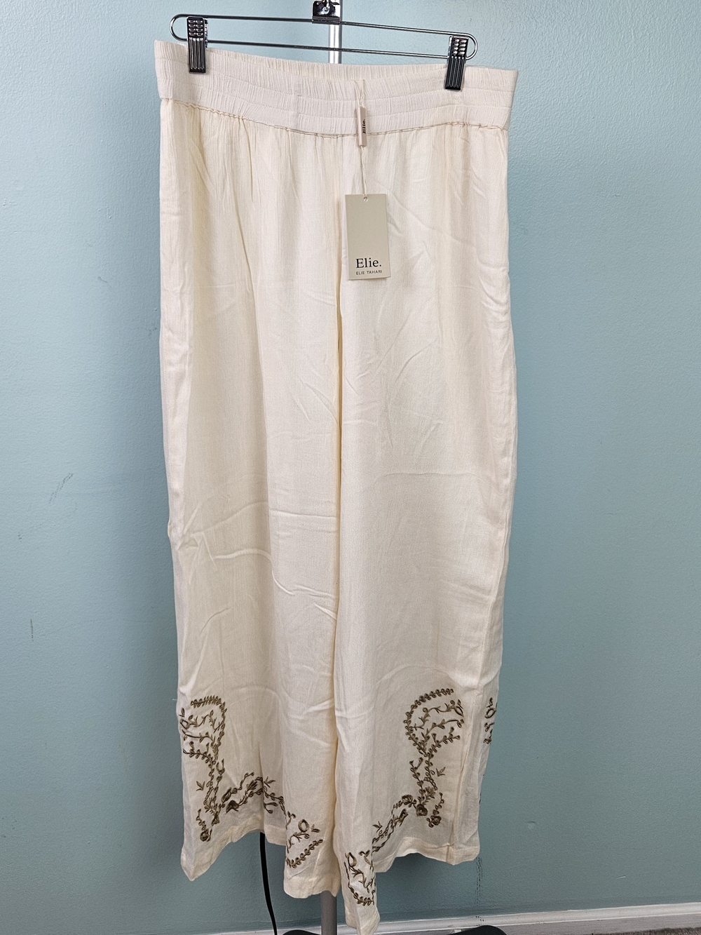 Elie Tahari Cream Wide-Leg Embroidered Pants
